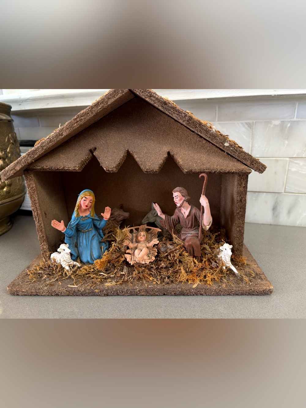 Vintage Mid-Century Italian Nativity Scene with Wooden Creche | Made in Italy